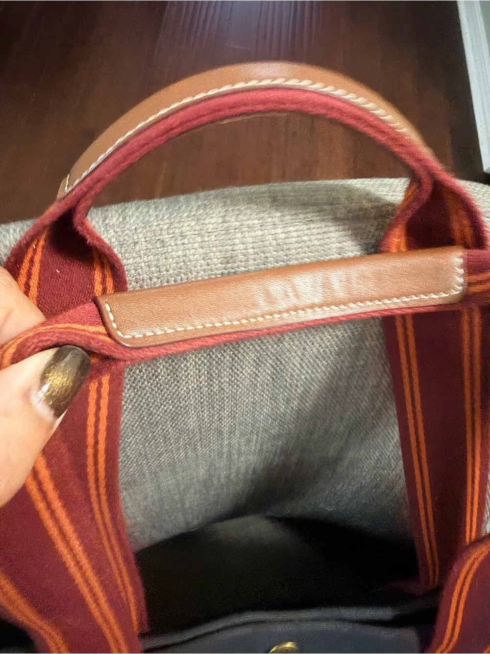 Coach Black Canvas Tote with Burgundy and Orange Straps with leather trim